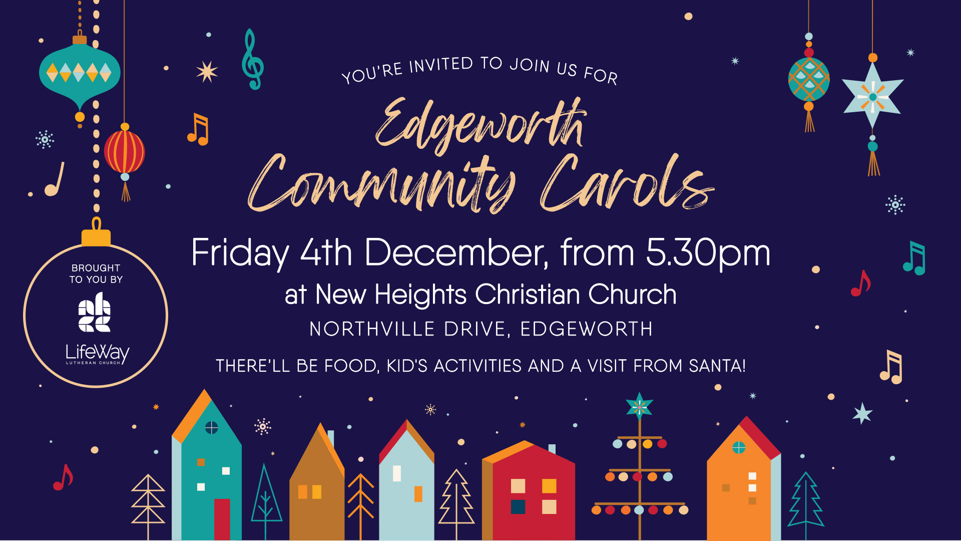 Edgeworth Community Carols flyer: Saturday 5th December from 5.30pm at New Heights Christian Church, Northville Drive, Edgeworth